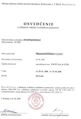 osvedčenie a certifikát